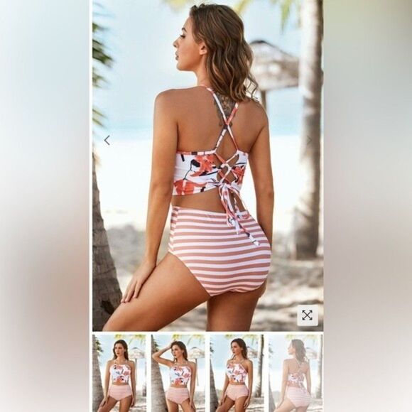 Women’s Tropical Two piece Bikini beach floral boho romantic chic red set M. - Picture 2 of 10